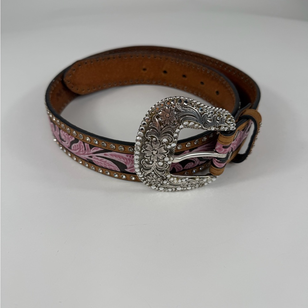 Elegant Cowgirl Pink Rhinestone Floral Belt with Silver Buckle ~ YEEHAW - Picture 4 of 11